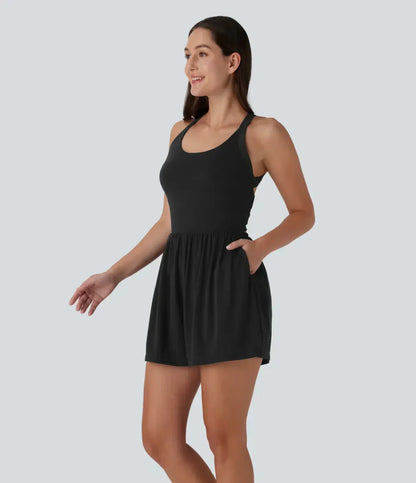 Women 2-in-1 Pocket Romper Dress Sleeveless Casual Loose Fit Jumpsuit Summer Beach Outfit