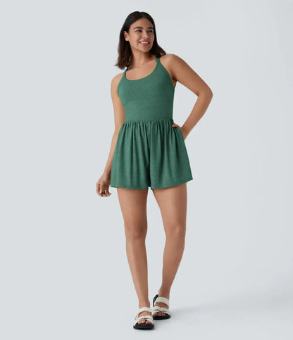 Women 2-in-1 Pocket Romper Dress Sleeveless Casual Loose Fit Jumpsuit Summer Beach Outfit
