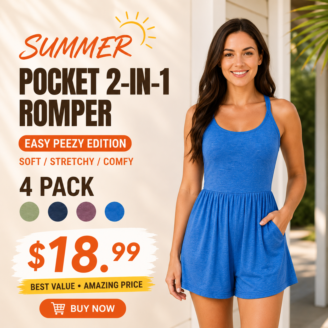Women 2-in-1 Pocket Romper Dress Sleeveless Casual Loose Fit Jumpsuit Summer Beach Outfit
