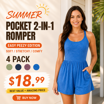 Women 2-in-1 Pocket Romper Dress Sleeveless Casual Loose Fit Jumpsuit Summer Beach Outfit