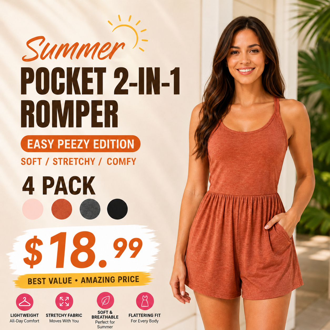 Women 2-in-1 Pocket Romper Dress Sleeveless Casual Loose Fit Jumpsuit Summer Beach Outfit