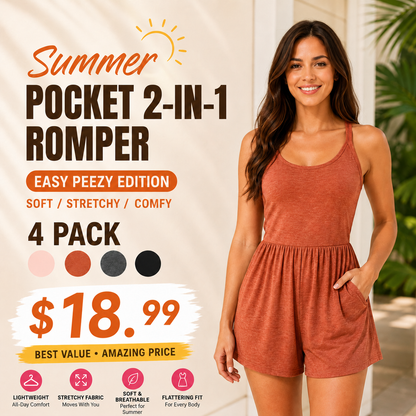 Women 2-in-1 Pocket Romper Dress Sleeveless Casual Loose Fit Jumpsuit Summer Beach Outfit