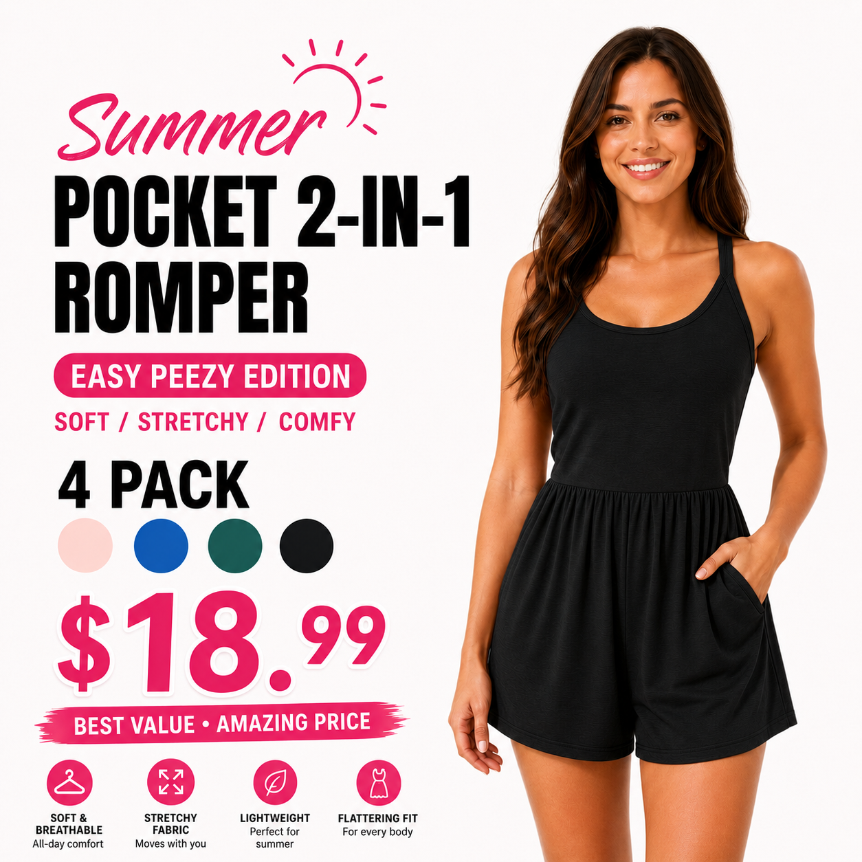 Women 2-in-1 Pocket Romper Dress Sleeveless Casual Loose Fit Jumpsuit Summer Beach Outfit