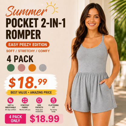 Women 2-in-1 Pocket Romper Dress Sleeveless Casual Loose Fit Jumpsuit Summer Beach Outfit
